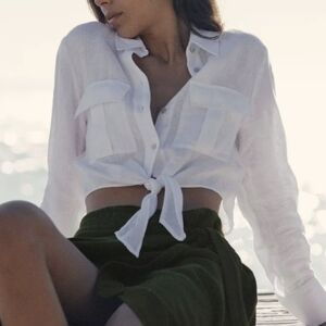 NWT ZARA White Button-Up Linen Tie Front Blouse